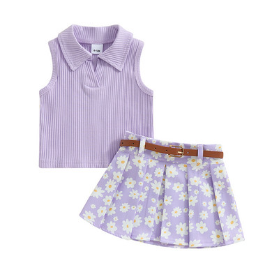 Pudcoco Toddler Girl Summer Outfit Μασίφ Ριμπ Αμάνικα Μπλουζάκια μαργαρίτα Πλισέ Φούστες Ζώνη 2τμχ Σετ ρούχων 6M-4T