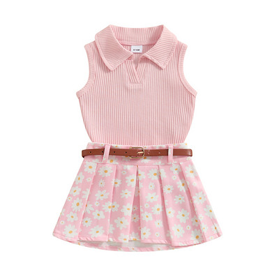 Pudcoco Toddler Girl Summer Outfit Μασίφ Ριμπ Αμάνικα Μπλουζάκια μαργαρίτα Πλισέ Φούστες Ζώνη 2τμχ Σετ ρούχων 6M-4T
