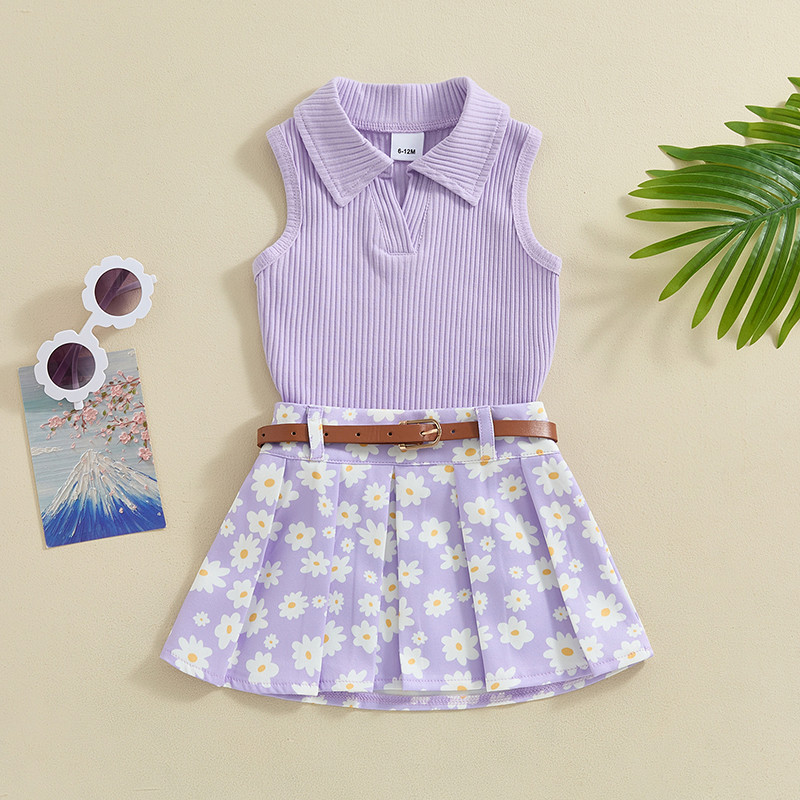 Pudcoco Лятно облекло за малко момиченце, плътни рипсени потници без ръкави, плисирани поли с принт на маргаритки, колан, 2 бр. Комплект дрехи 6M-4T