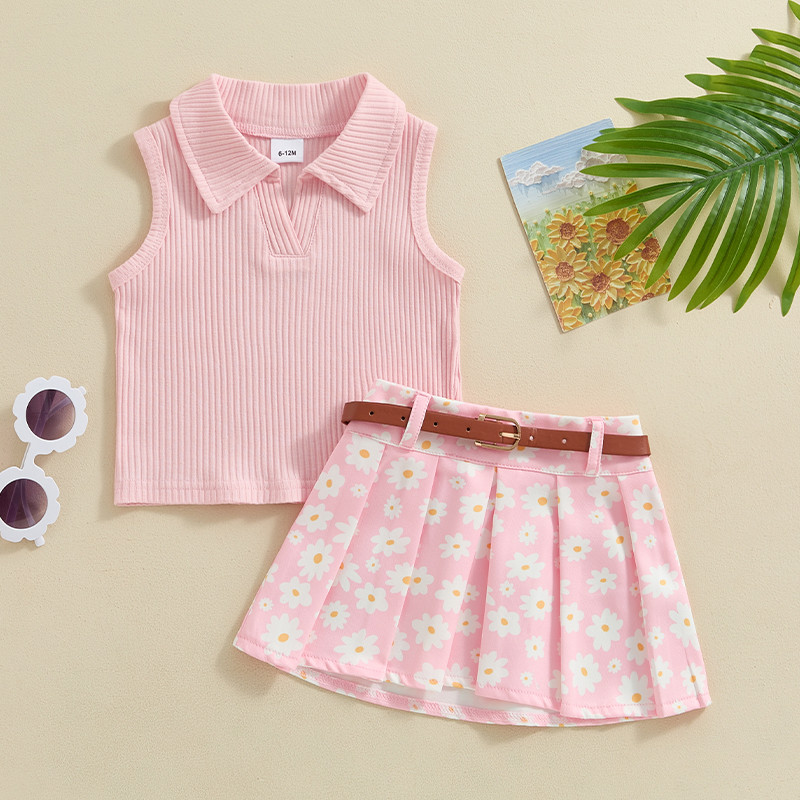 Pudcoco Лятно облекло за малко момиченце, плътни рипсени потници без ръкави, плисирани поли с принт на маргаритки, колан, 2 бр. Комплект дрехи 6M-4T