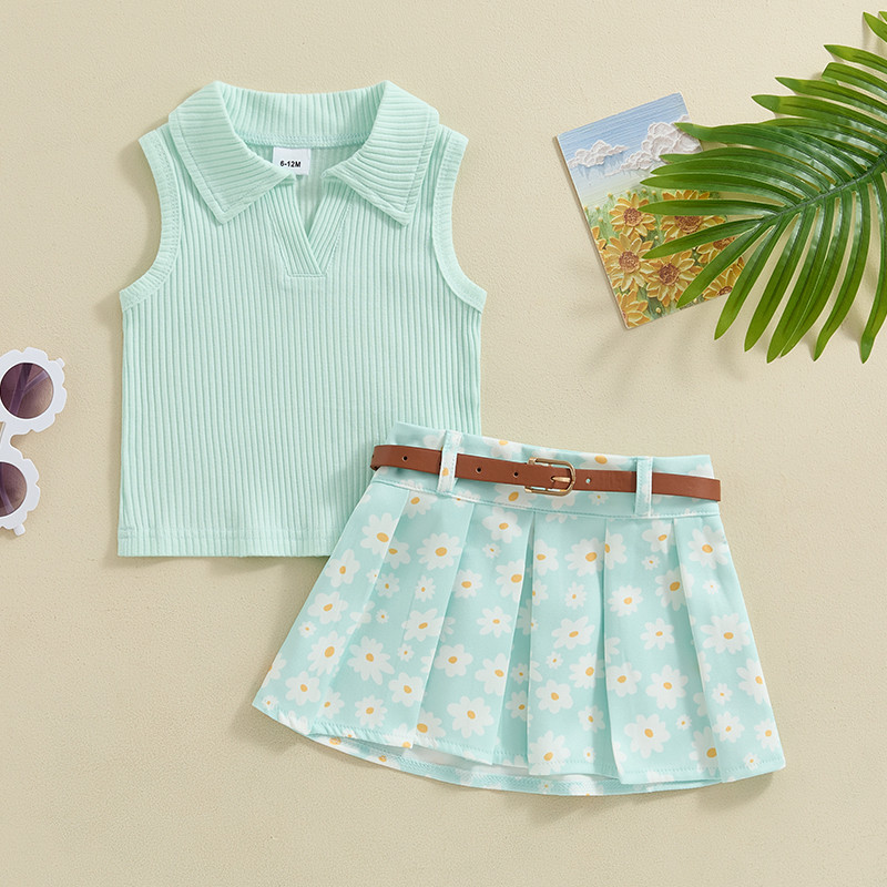 Pudcoco Лятно облекло за малко момиченце, плътни рипсени потници без ръкави, плисирани поли с принт на маргаритки, колан, 2 бр. Комплект дрехи 6M-4T