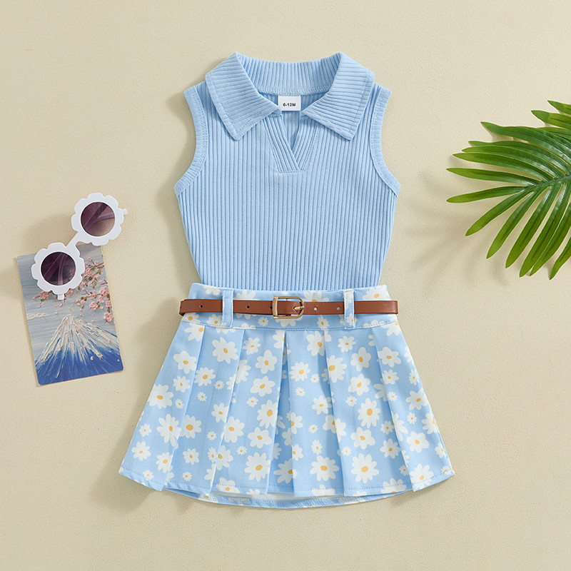 Pudcoco Лятно облекло за малко момиченце, плътни рипсени потници без ръкави, плисирани поли с принт на маргаритки, колан, 2 бр. Комплект дрехи 6M-4T