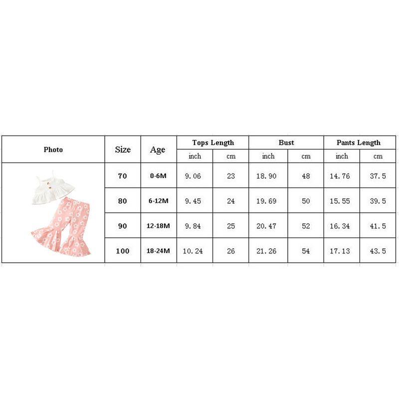Комплекти летни облекла за малки бебета и момичета Модни детски бели рипсени потници без ръкави + разкроени панталони с цветя