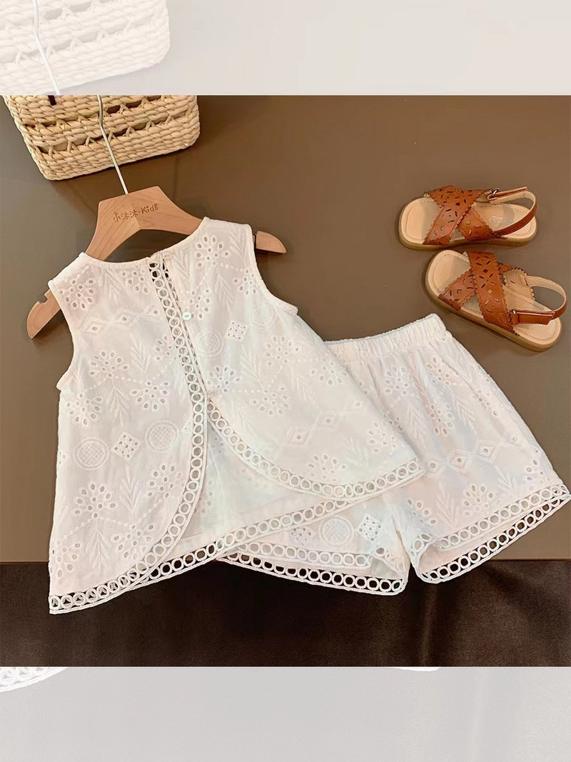 Летни дрехи за момичета 18M-8Y Детска бяла дантелена жилетка Къси панталони Комплект от две части