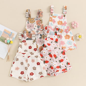 0-6Y Παιδικές φόρμες για κορίτσια με στάμπα φράουλα/λουλούδι Αμάνικο τσέπες Κοντές φόρμες παιδικές καθημερινές βρεφικές καλοκαιρινές φόρμες