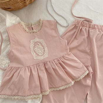 Παιδικά σετ ρούχων Καλοκαίρι 2023 Νέο κοριτσίστικο γλυκό ροζ δαντέλα Σετ κοριτσίστικη δαντέλα αμάνικο πουκάμισο+παντελόνι 2τμχ Παιδικά ρούχα