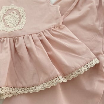 Детски комплекти дрехи 2023 Лято Нов сладък розов дантелен комплект Момическа дантелена риза без ръкави с волани + панталон 2 бр. Детски дрехи