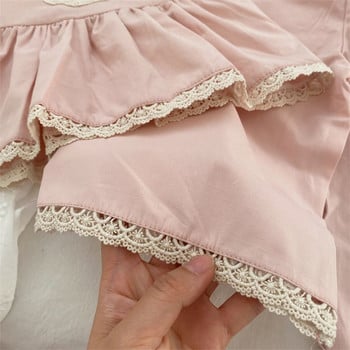Детски комплекти дрехи 2023 Лято Нов сладък розов дантелен комплект Момическа дантелена риза без ръкави с волани + панталон 2 бр. Детски дрехи