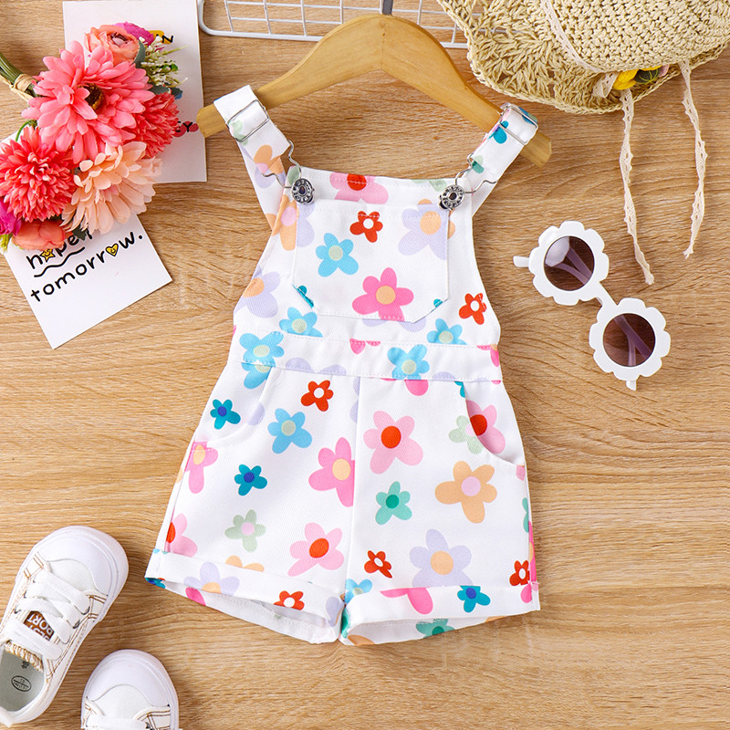 Гащеризони за момичета от 0 до 4 г. Къси панталони без ръкави с флорални щампи с тиранти Гащеризони Детски костюми за игра Бебешки дрехи Лято