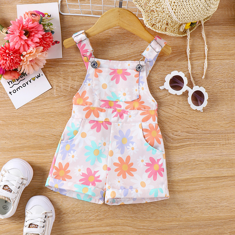 Гащеризони за момичета от 0 до 4 г. Къси панталони без ръкави с флорални щампи с тиранти Гащеризони Детски костюми за игра Бебешки дрехи Лято