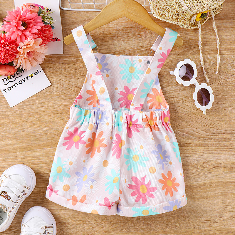 Гащеризони за момичета от 0 до 4 г. Къси панталони без ръкави с флорални щампи с тиранти Гащеризони Детски костюми за игра Бебешки дрехи Лято