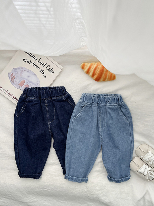 2024 Пролет, нови бебешки свободни дънкови панталони, модни бебешки момичета, плътни ежедневни панталони, малки момчета, универсални дънки, дрехи за малки деца