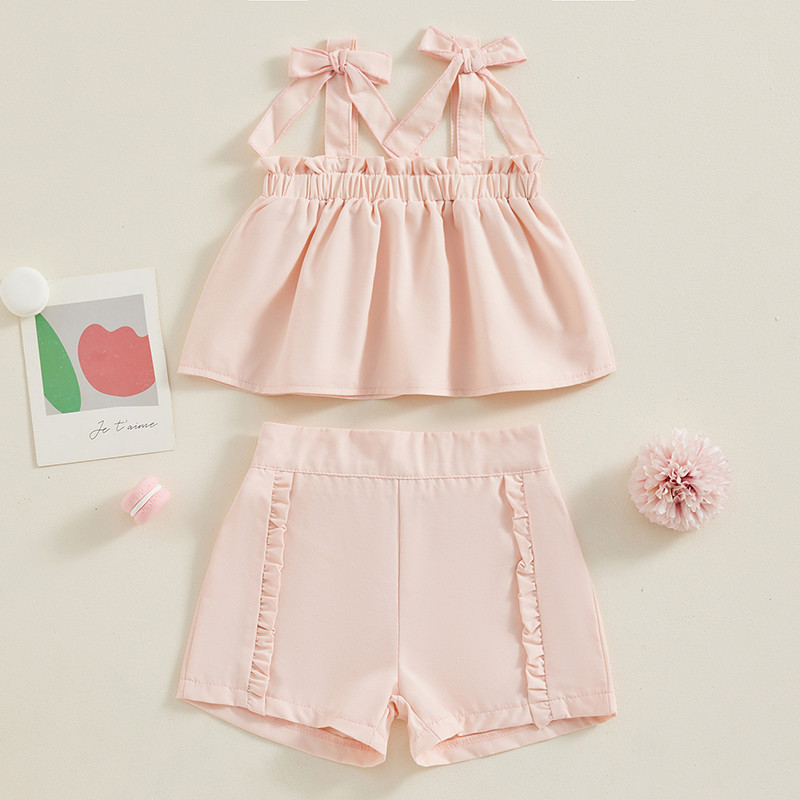 Летни сладки комплекти къси панталони за момичета от две части Детски костюми без ръкави с панделка с презрамки Къси панталони Комплект дрехи за малки деца
