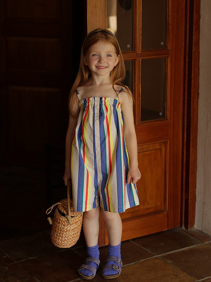 Гащеризон с цветни райета за момичета Деца Бебе Бебета Детски летен нов гащеризон с тиранти