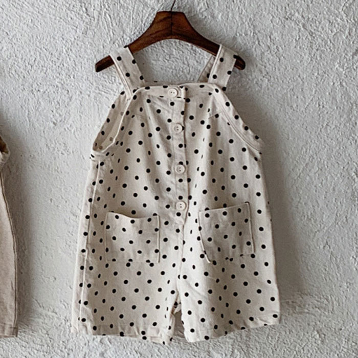 2023 Летни нови детски дънкови гащеризони Сладък щампа на точки Бебешки гащеризон без ръкави Свободни ежедневни панталони за бебета Детски панталони с лигавник