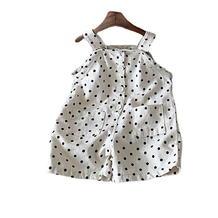 2023 Летни нови детски дънкови гащеризони Сладък щампа на точки Бебешки гащеризон без ръкави Свободни ежедневни панталони за бебета Детски панталони с лигавник