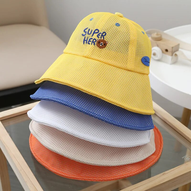 Cartoon Bear Summer Baby Bucket Wide Brim Sunshable Infant Boys Fisherman Caps Дишаща мрежа за малки момичета Sun Hat