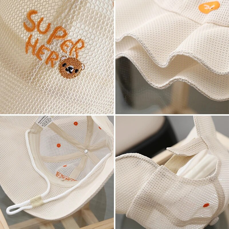 Cartoon Bear Summer Baby Bucket Wide Brim Sunshable Infant Boys Fisherman Caps Дишаща мрежа за малки момичета Sun Hat