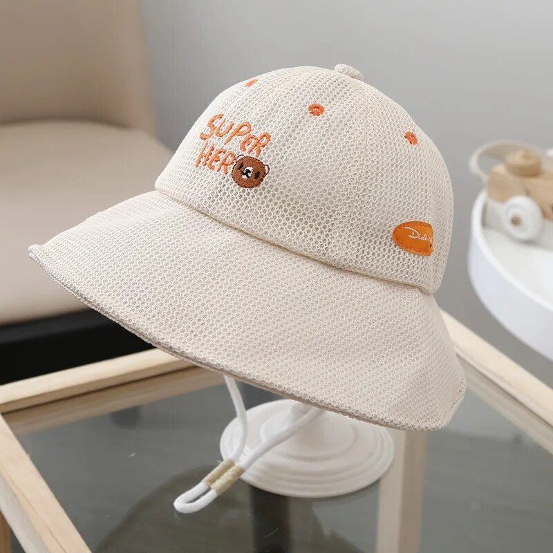 Cartoon Bear Summer Baby Bucket Wide Brim Sunshable Infant Boys Fisherman Caps Дишаща мрежа за малки момичета Sun Hat