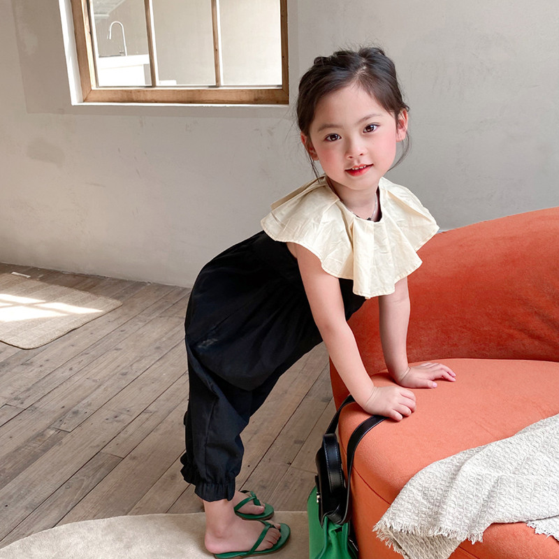 Летен гащеризон за момичета Бебешки гащеризон от една част Детски гащеризони Детско улично облекло Модна яка с волани Памук 2-6 г.