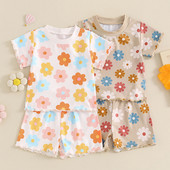 FOCUSNORM 0-4Y Toddler Παιδικά κορίτσια καλοκαιρινά σετ 2 τμχ Πολύχρωμα λουλουδάτα κοντομάνικα μπλουζάκια + Σετ σορτς