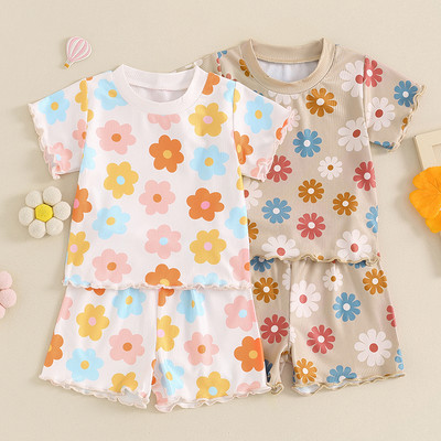 FOCUSNORM 0-4A Seturi de haine de vară pentru copii mici, fete, 2 buc. Set de topuri cu mâneci scurte cu imprimeu floral și pantaloni scurți
