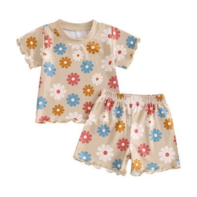 FOCUSNORM 0-4Y Toddler Παιδικά κορίτσια καλοκαιρινά σετ 2 τμχ Πολύχρωμα λουλουδάτα κοντομάνικα μπλουζάκια + Σετ σορτς