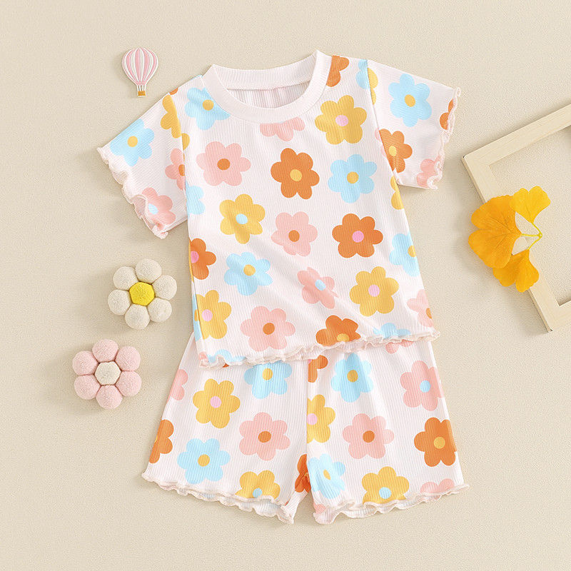 FOCUSNORM 0-4Y Деца, момичета, летни комплекти дрехи, 2 бр. Цветни горнища с къси ръкави с щампа на цветя + комплект къси панталони