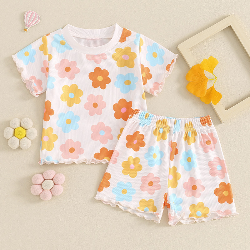 FOCUSNORM 0-4Y Деца, момичета, летни комплекти дрехи, 2 бр. Цветни горнища с къси ръкави с щампа на цветя + комплект къси панталони