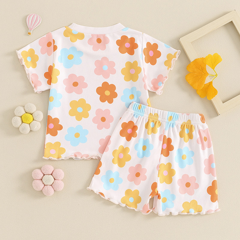FOCUSNORM 0-4Y Деца, момичета, летни комплекти дрехи, 2 бр. Цветни горнища с къси ръкави с щампа на цветя + комплект къси панталони