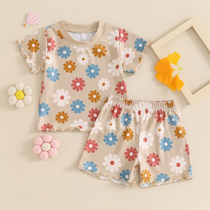 FOCUSNORM 0-4Y Деца, момичета, летни комплекти дрехи, 2 бр. Цветни горнища с къси ръкави с щампа на цветя + комплект къси панталони