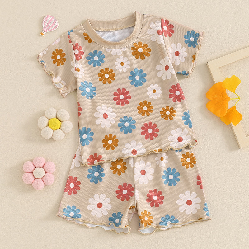 FOCUSNORM 0-4Y Деца, момичета, летни комплекти дрехи, 2 бр. Цветни горнища с къси ръкави с щампа на цветя + комплект къси панталони