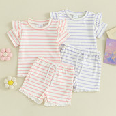 2024-01-23 Lioraitiin Toddler Baby Girl Summer Outfit Βάφλα Knit Frilly κοντομάνικο T-Shirt Σετ Σορτς 2τμχ Σετ ρούχων