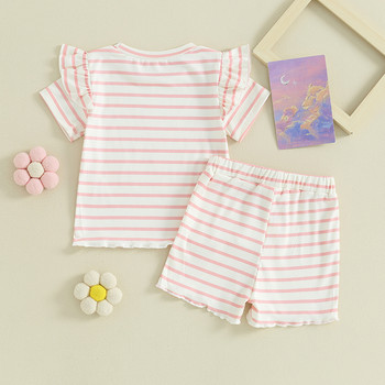 2024-01-23 Lioraitiin Toddler Baby Girl Summer Outfit Βάφλα Knit Frilly κοντομάνικο T-Shirt Σετ Σορτς 2τμχ Σετ ρούχων