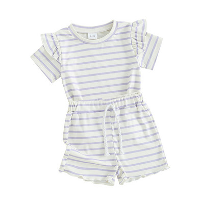 2024-01-23 Lioraitiin Toddler Baby Girl Summer Outfit Βάφλα Knit Frilly κοντομάνικο T-Shirt Σετ Σορτς 2τμχ Σετ ρούχων