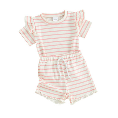 2024-01-23 Lioraitiin Toddler Baby Girl Summer Outfit Βάφλα Knit Frilly κοντομάνικο T-Shirt Σετ Σορτς 2τμχ Σετ ρούχων