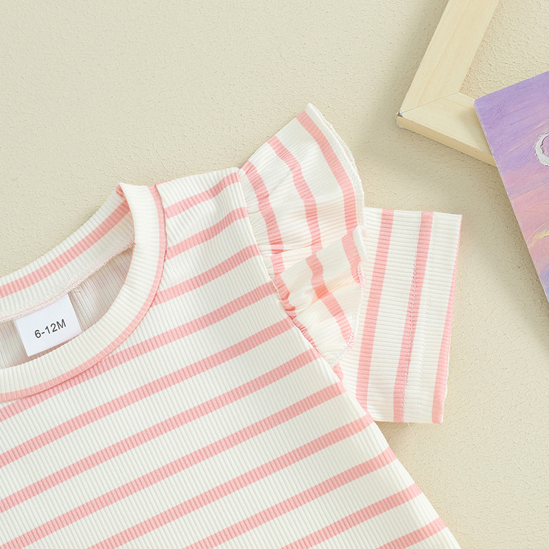 2024-01-23 Lioraitiin Прохождащо бебе момиче Лятна екипировка Вафлена плетена Тениска с къси ръкави Комплект къси панталони 2 бр. Комплект дрехи