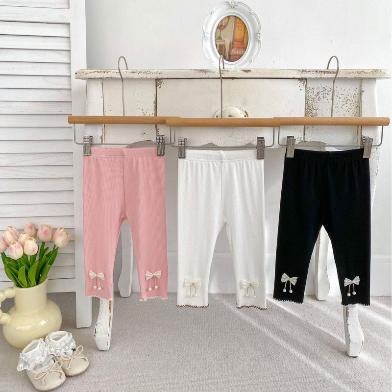 2024 Летни панталони за бебета за момичета Памучни плътни панталони с възел и ластик на талията Оребрени панталони за бебета Външни еластични панталони за момичета за малко дете