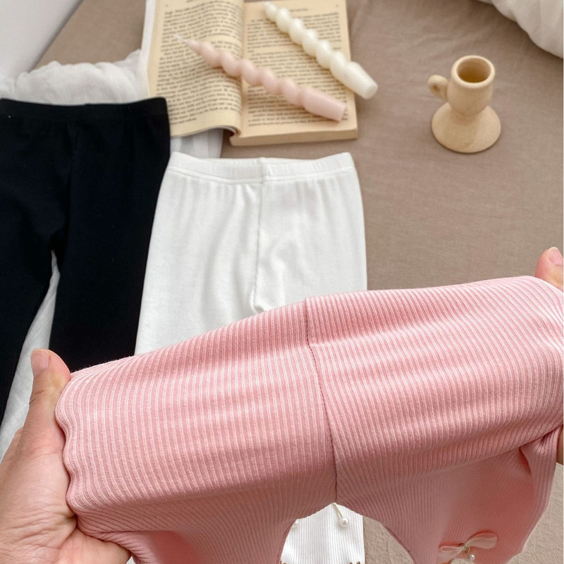 2024 Летни панталони за бебета за момичета Памучни плътни панталони с възел и ластик на талията Оребрени панталони за бебета Външни еластични панталони за момичета за малко дете