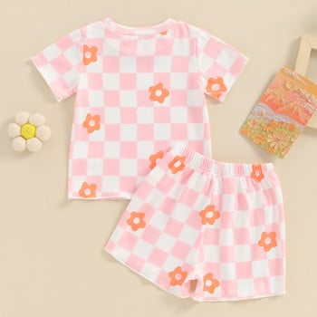 Lioraitiin Летни детски комплекти дрехи за момичета Тениски с къси ръкави и О-образно деколте с принт на флорална дъска + Анцуг с ластик на талията