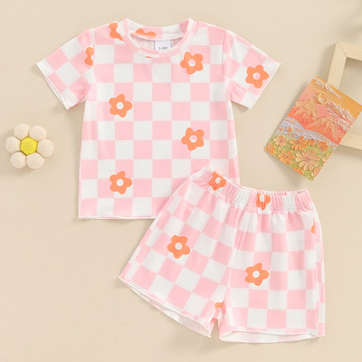 Lioraitiin Seturi de îmbrăcăminte de vară pentru copii și fete Tricouri cu mânecă scurtă cu mânecă scurtă cu imprimeu în șah cu talie elastică + pantaloni scurți cu talie elastică