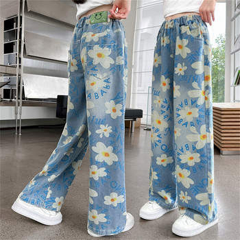 8819 Floral Jeans παιδικό παντελόνι με φαρδύ πόδι Κοριτσίστικο τζιν ίσιο τζιν Παιδικό τζιν ίσιο παντελόνι