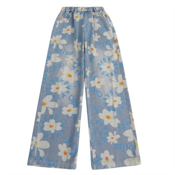 8819 Дънки с цветя Детски широки панталони Дънки с щампи за момичета Прави детски дънки Дънкови прави панталони