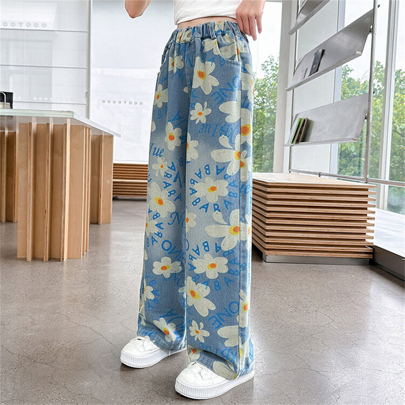 8819 Дънки с цветя Детски широки панталони Дънки с щампи за момичета Прави детски дънки Дънкови прави панталони
