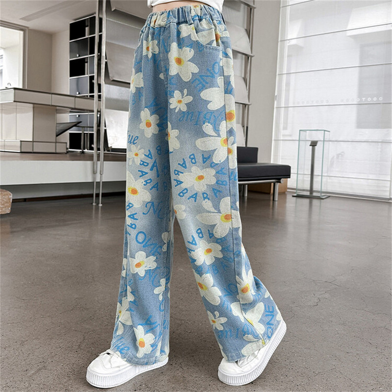 8819 Дънки с цветя Детски широки панталони Дънки с щампи за момичета Прави детски дънки Дънкови прави панталони