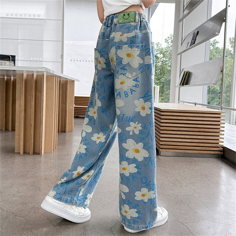 8819 Дънки с цветя Детски широки панталони Дънки с щампи за момичета Прави детски дънки Дънкови прави панталони