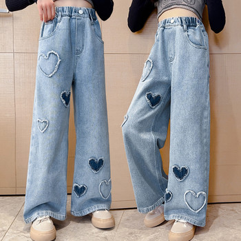 Панталони за момичета Пролетни дънки за момичета Fashion Love Fleece Denim Панталони с широки крачоли Детски широки връхни дрехи Есенни дълги панталони 3-15Y