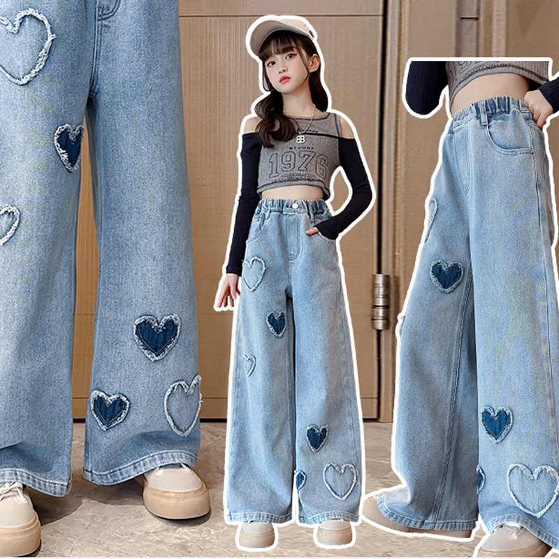Панталони за момичета Пролетни дънки за момичета Fashion Love Fleece Denim Панталони с широки крачоли Детски широки връхни дрехи Есенни дълги панталони 3-15Y