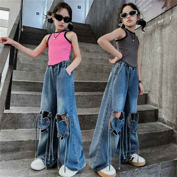 Нови модни детски дънки с кухи сърца, летни дънки за момичета, младежки широки панталони 8015