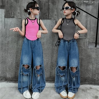 Нови модни детски дънки с кухи сърца, летни дънки за момичета, младежки широки панталони 8015